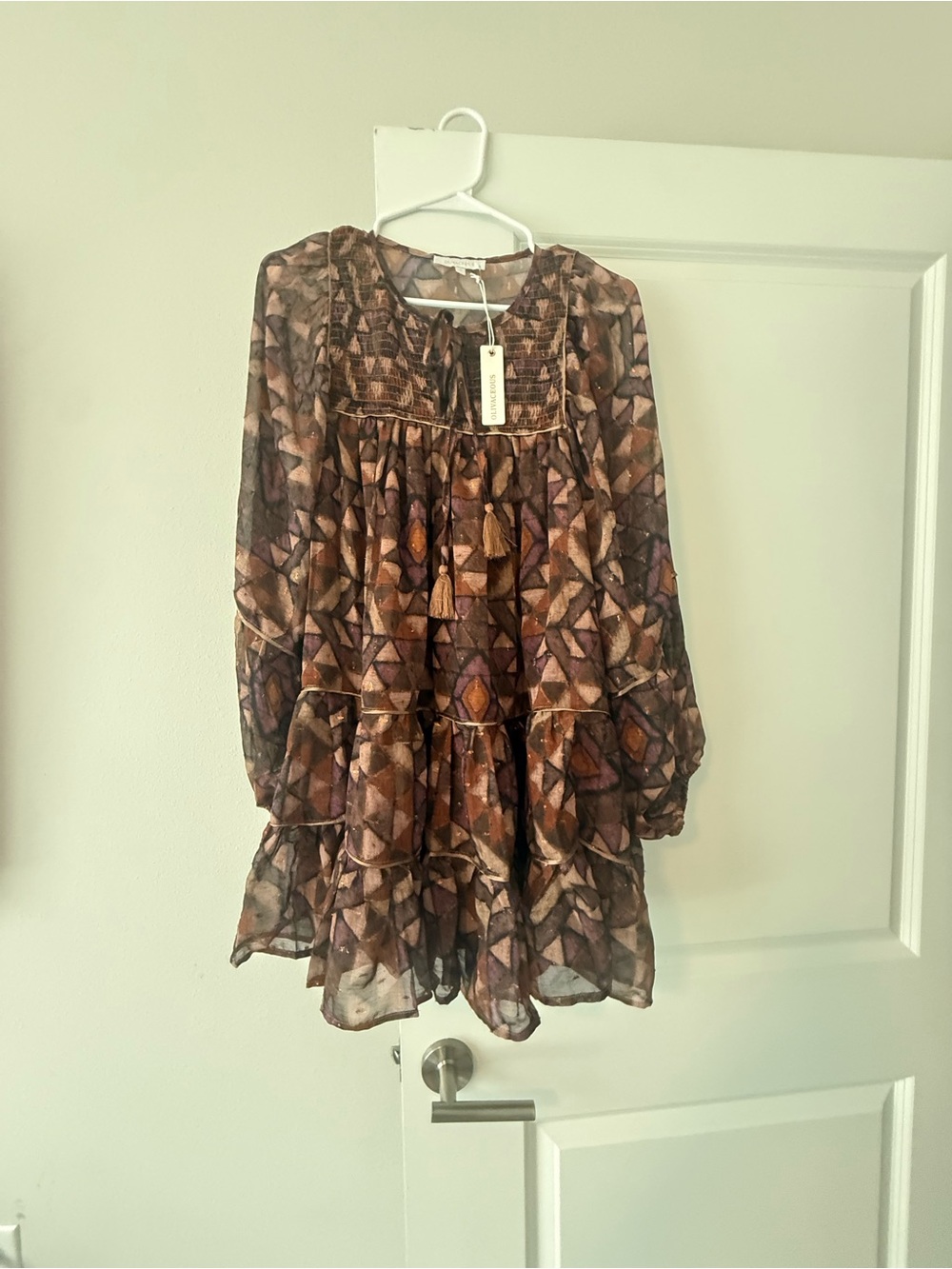 Olivaceous Brown Geometric Tiered Long-Sleeve Mini Dress